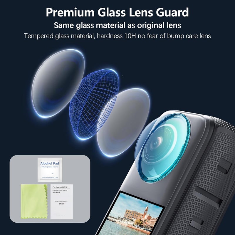 ULYVU 9-in-1 Accessories Kit for Insta360 X5, Included Insta 360 X5 Premium Lens Guard, Carrying Case, 2 Pack of Tempered Glass Film Screen Protector, Silicone Protective Cover and Desktop Mount Bundle Kit - Image 3